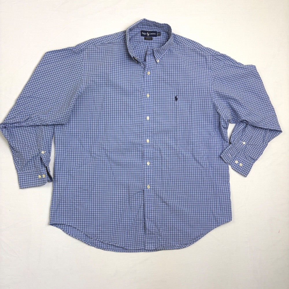 *Flaw Ralph Lauren‎ Yarmouth Blue Check Button Down Shirt Mens 17 34/35